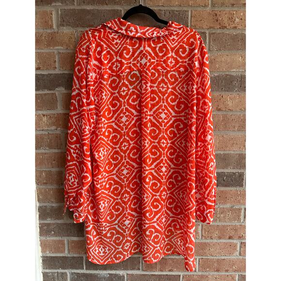 Chico's Women's Orange White Geometric High Low Sheer Tunic Top Blouse Size 3 - Picture 2 of 3